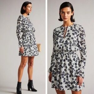 Ted Baker Felici Ruched Floral Smocked Mini Dress White Black Beige 257761 2 m l